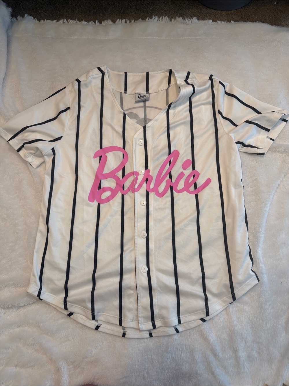 Barbie White Baseball Jersey with Black Pinstripes and Pink Logo sz M